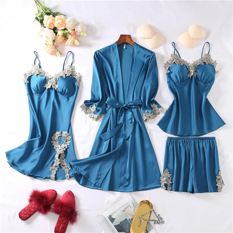 

Pajamas Set For Women PJS Satin Nightgown Faux Silk Sleepwear Lounge Wear Lace Intimate Lingerie Summer New Nightwear Bathrobe