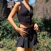 womens vest blazers striped crop tops and blouses single breasted sleeveless femme tanks vintage slim v neck fashion spring top