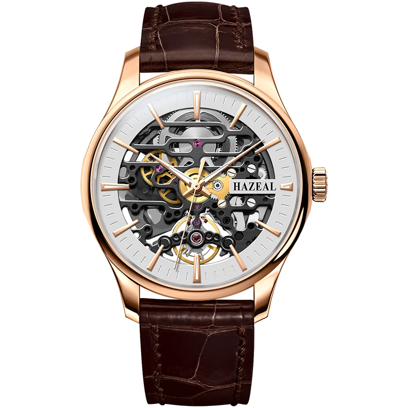

Часы-скелетоны HAZEAL Мужские автоматические, роскошные механические наручные, с сапфировым стеклом, с кожаным ремешком, водонепроницаемость 50 м