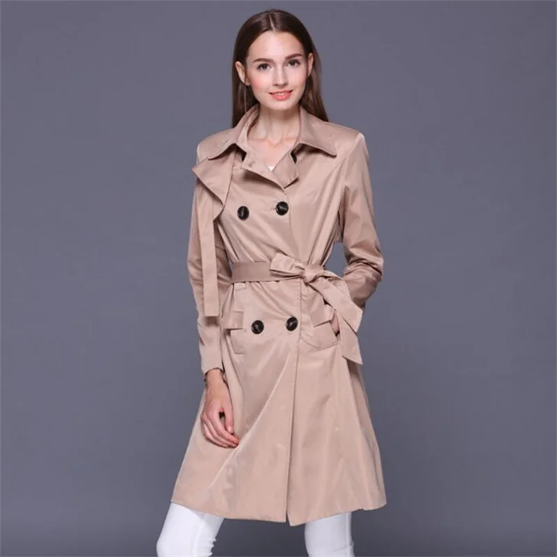 European womens trench coats long sleeved double-breasted American stars with the same paragraph lengthened lapel windbreaker