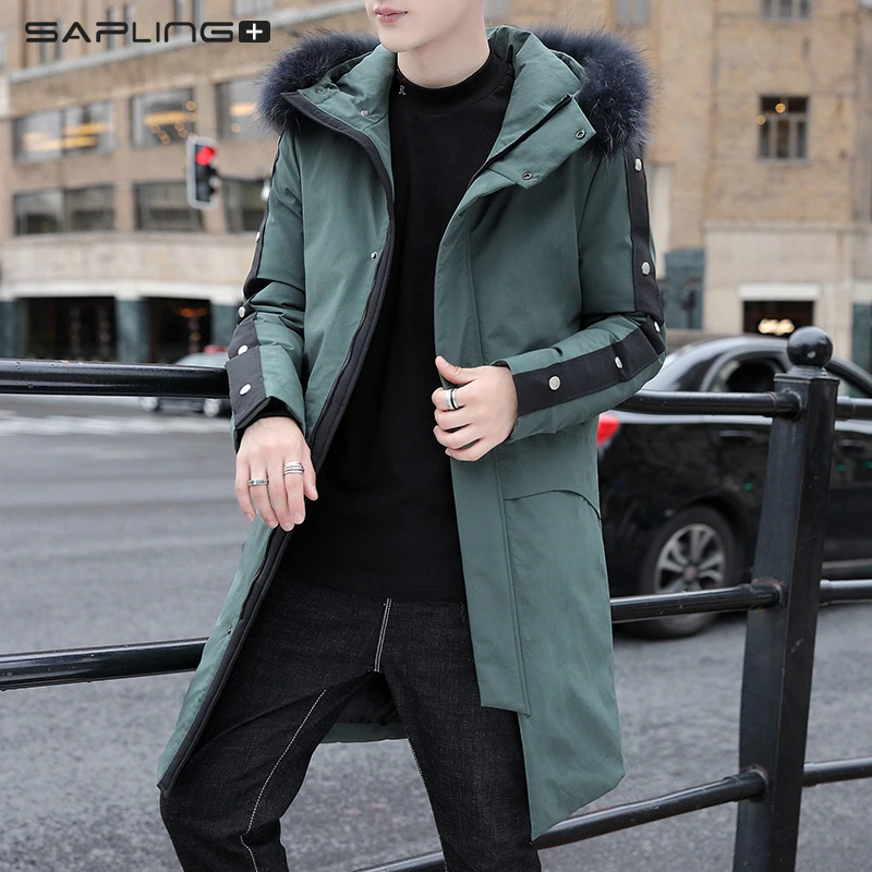 

Зимние Новые Длинные повседневные пуховики, Мужская стеганая куртка, Мужская модная теплая куртка средней длины с капюшоном и большим мехо...