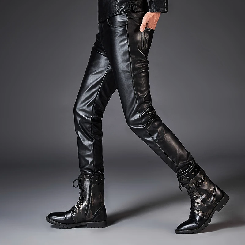 Брюки из искусственной кожи для мужчин брендовые черные модные мотоциклетные