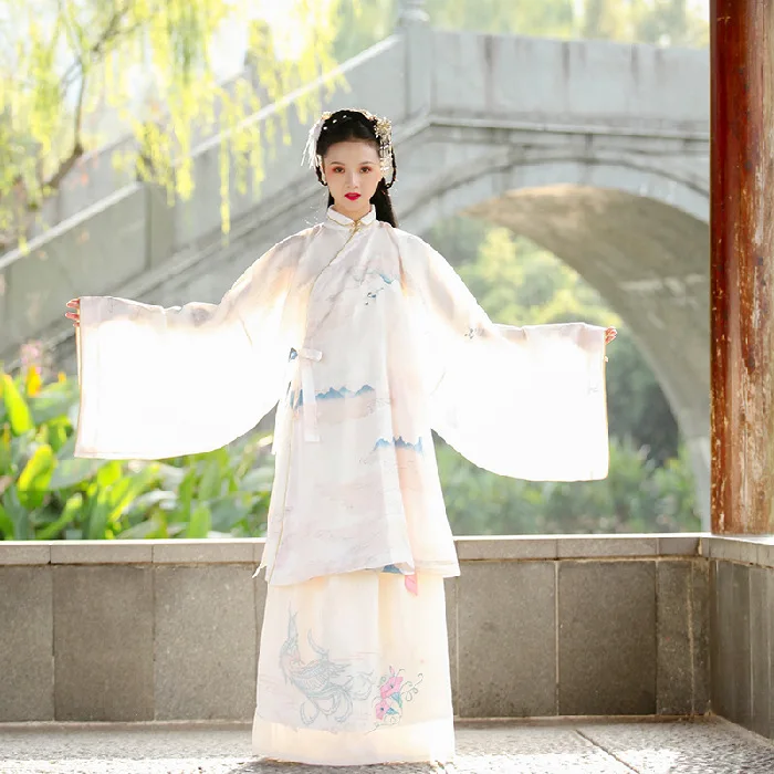 

White large sleeve stand collar Hanfu women's standing collar calico long shirt printed one piece embroidered skirt set