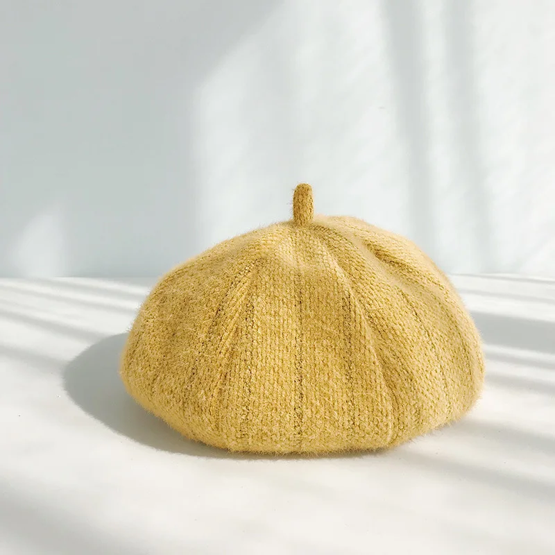 Yellow Шерстяные шапки-береты для женщин, зимние Остроконечные шапки-береты с тыквой для девочек, мягкая женская плоская кепка, винтажная восьмиугольная кепка, малярные шляпы - Цвет: Yellow