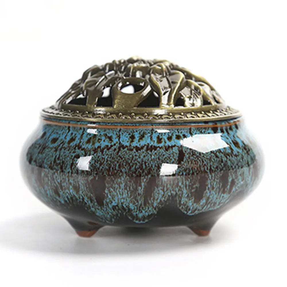 Porcelain Censer Sleep Aid Antique with Copper Cover Ceramic Buddhist Aromatherapy Diffuser Cone Sandalwood Incense Relax Yoga | Дом и сад