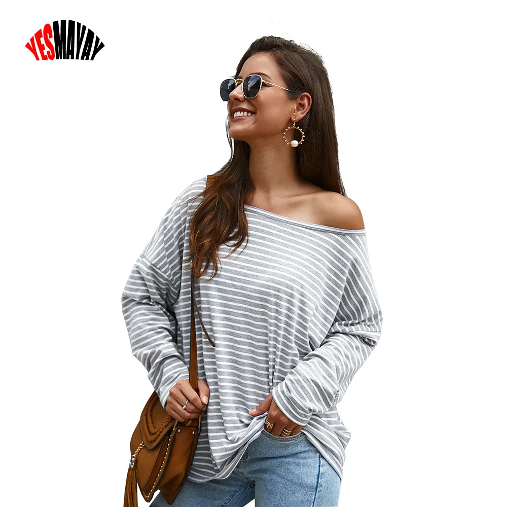 

T Shirt Women Long Sleeve Striped Tshirt Femme Tops Spring Autumn Sexy Off Shoulder T-shirts Fashion Woman Camiseta Mujer 2022