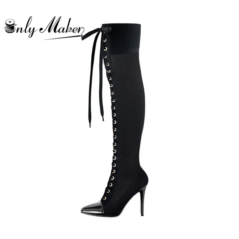 Onlymaker/женские сапоги до бедра на шпильке 10 см эластичные вязаные выше колена