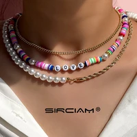 korea layered love letter choker rainbow clay beaded necklace for women asymmetry pearl clavicle chain necklace set boho jewelry