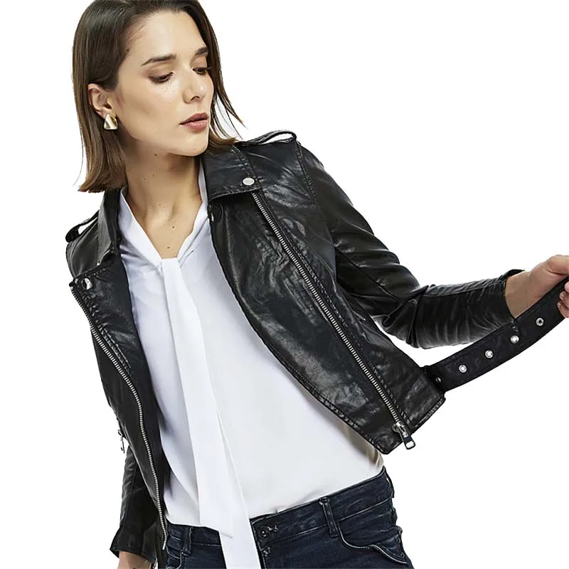 Cute Cropped Slant Zipper Belted Black Faux Leather Biker Jacket for Women Punk Rock Girls White PU Leather Jacket Short Coat