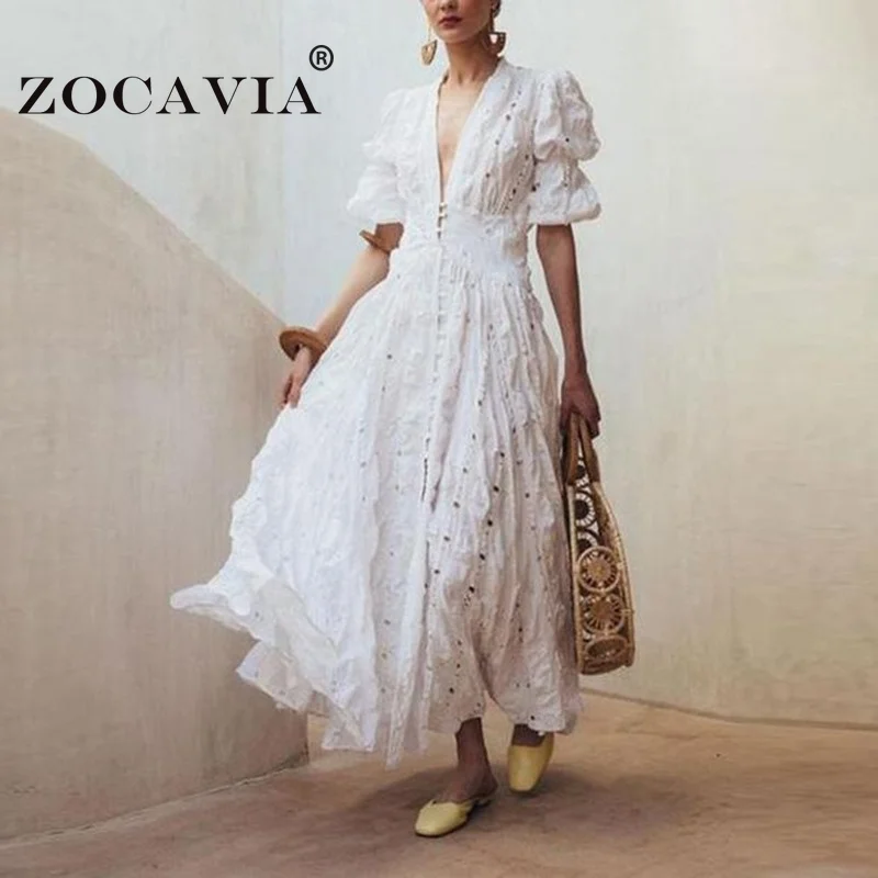 

Lace Hollow White Dress Casual Women's Dresses Maxi Robe Puff Sleeve V-neck Long Dress Autumn Female Clothing Vestido Feminino
