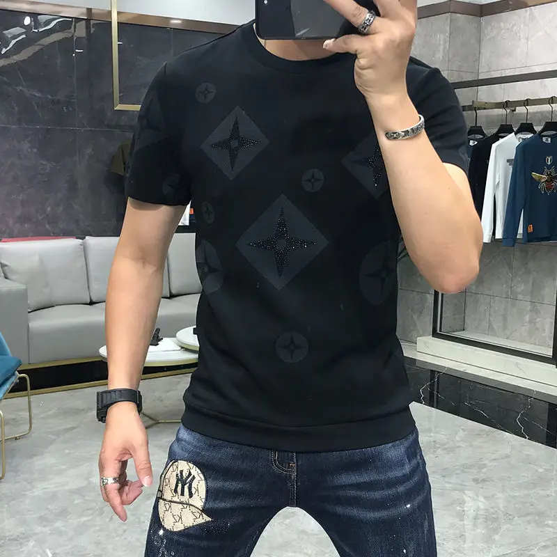 

2021 spring and summer new European station personality trend fashion printing round neck slim T-shirt sweater men's base shirt