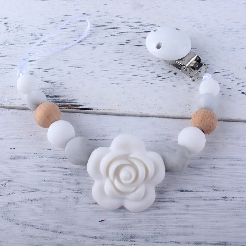 

Rose Beads Baby Wooden Pacifier Clips Silicone Flower Nipple Holder Dummy Chains