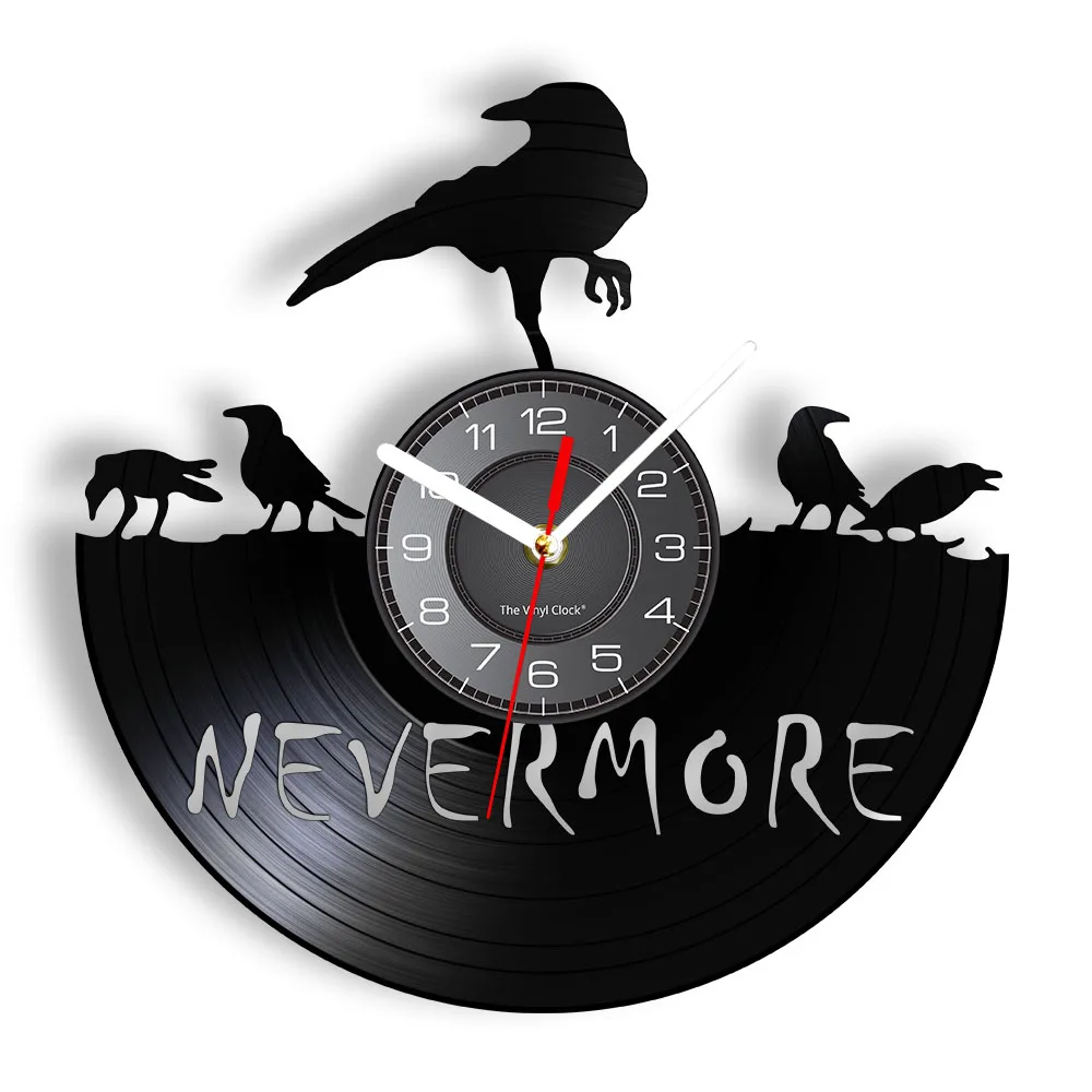 Gothic Fiction Inspired Vinyl Record Clock Standing With One Leg Raven Shadow Art Wall Clock Black Noiseless Hanging Wall Watch
