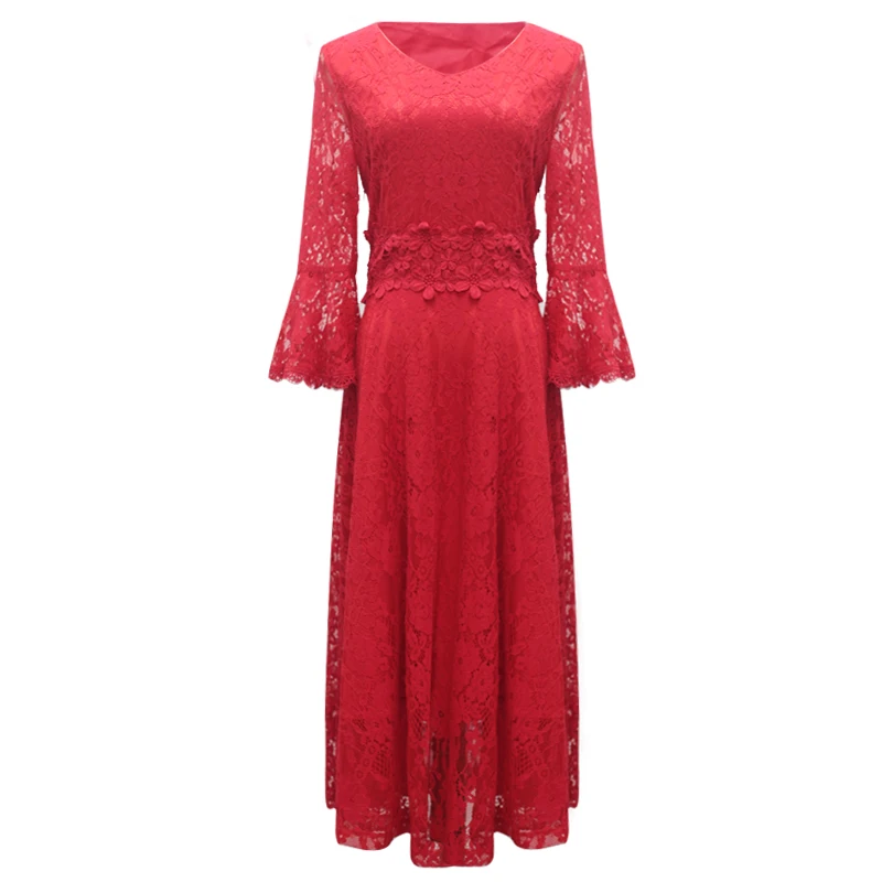 

chinese festival style red color women dress a line v neck size 5XL flare waist slim elegant party work women dress 14346