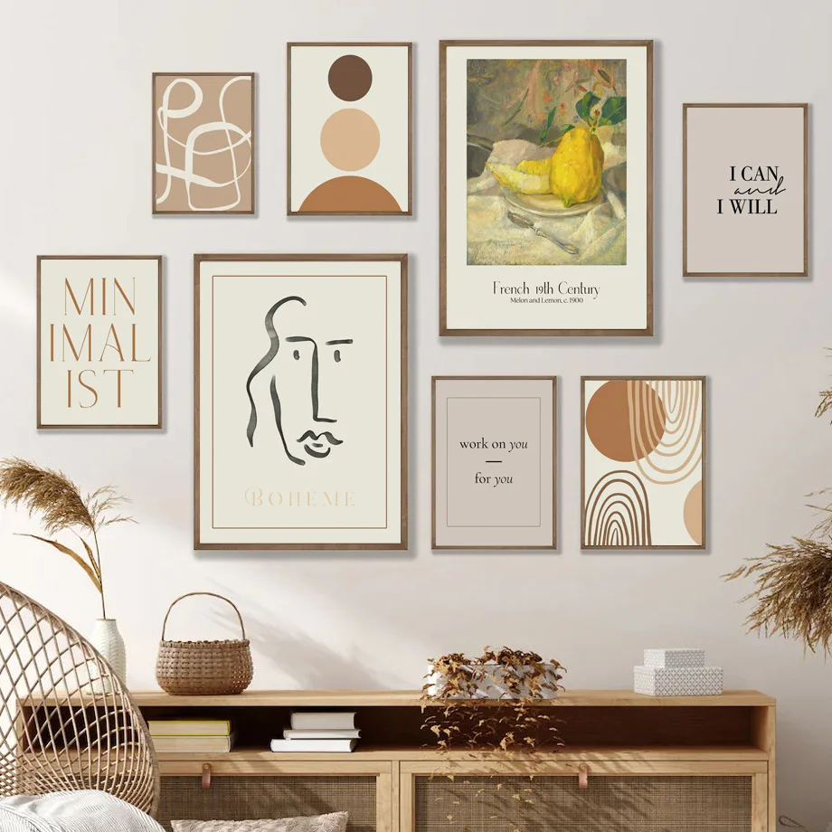 Живопись на холсте в богемном стиле, абстрактные линии, тыква, лимонная стена, фотография для украшения гостиной