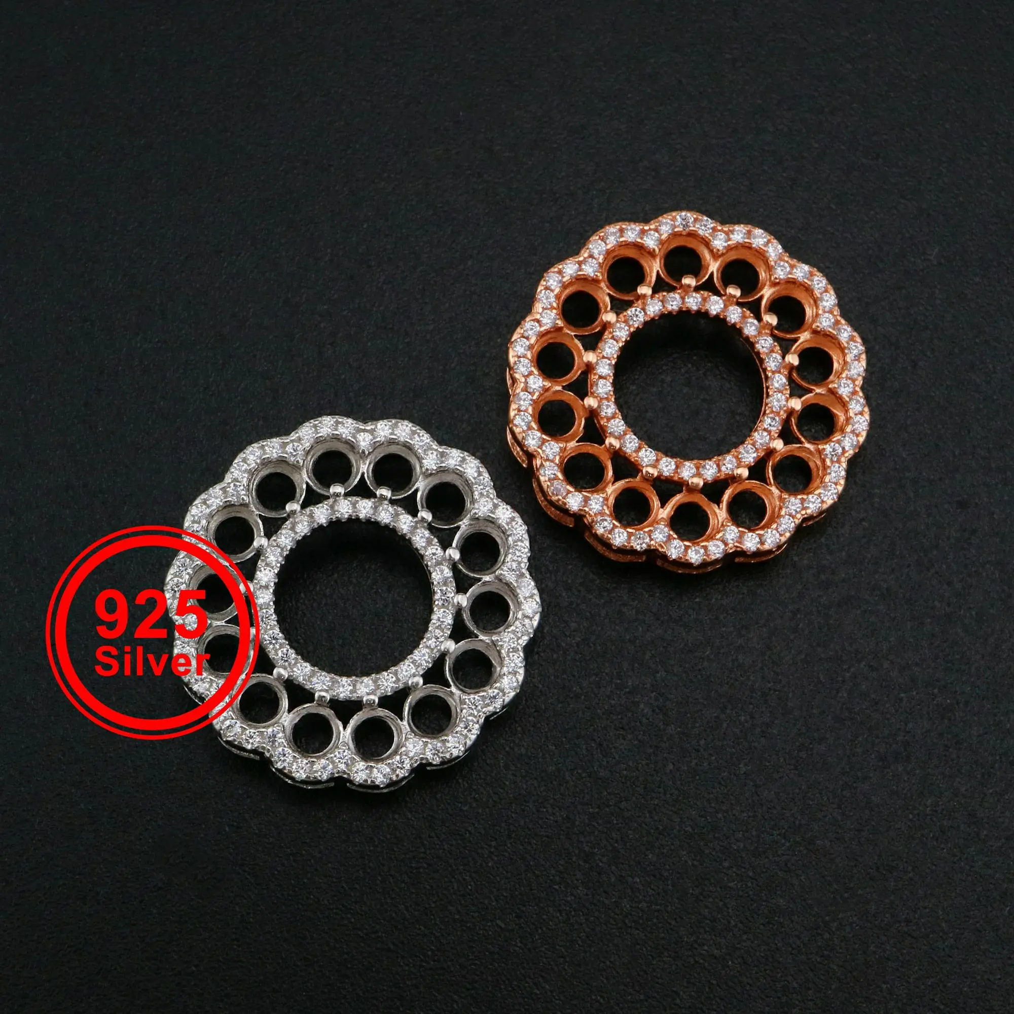 

3MM Round Prong Pendant Settings 14 Stones Halo Rose Gold Plated Solid 925 Sterling Silver Charm Bezel for Gemstone 1411285
