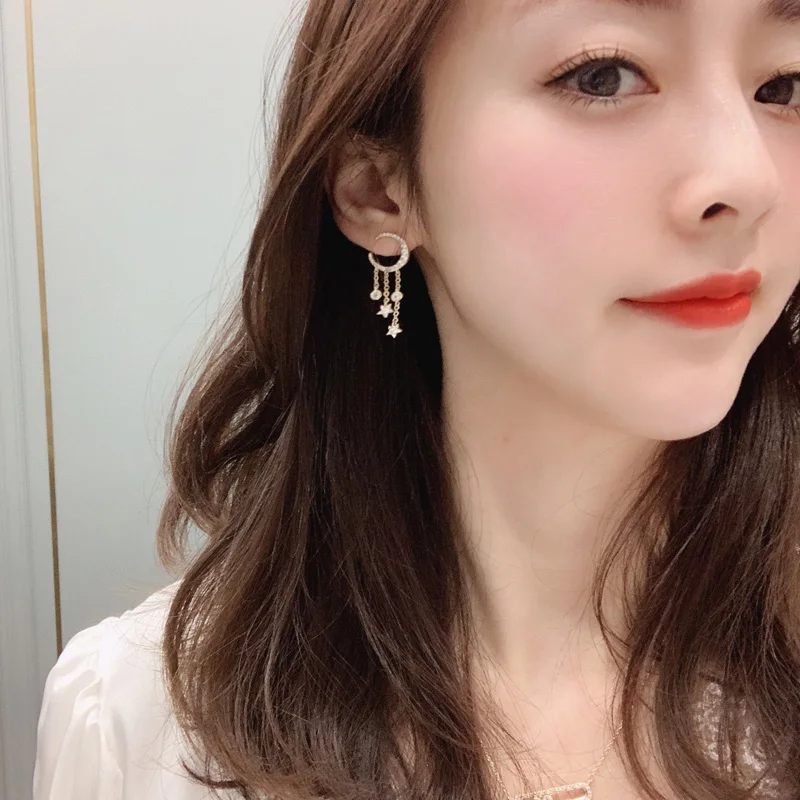 

Moon And Star Tassel Earrings For Women Zirconia Korean Fashion Jewelry Pendientes Dangle Wholesale S925 Pin High Quality