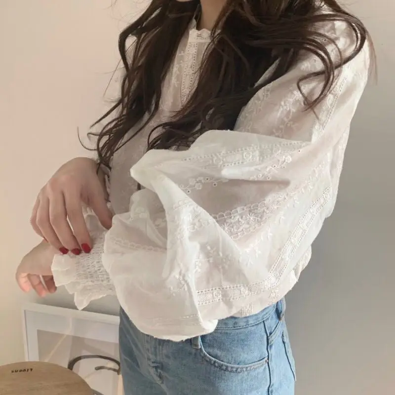 

Spring New Korean Black Girl Chic Sweet Lace Crocheted Long-Sleeved Shirt Women's Micro Transparent Bottoming Top