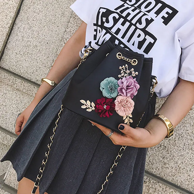 

Hot Selling Fashion Women Flowers Bucket Shoulder Bags Chain Drawstring Small PU Leather Cross Body Bag