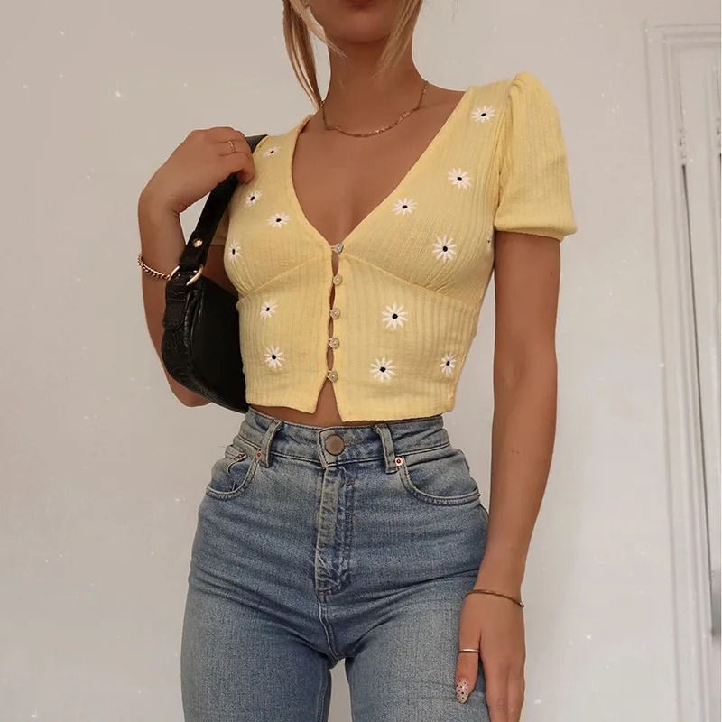 

Summer Women Ladies Top Flowers Embroidery Print Slim T-shirts Casual Short sleeve V Neck Buttons High waist OL Crops Tank top