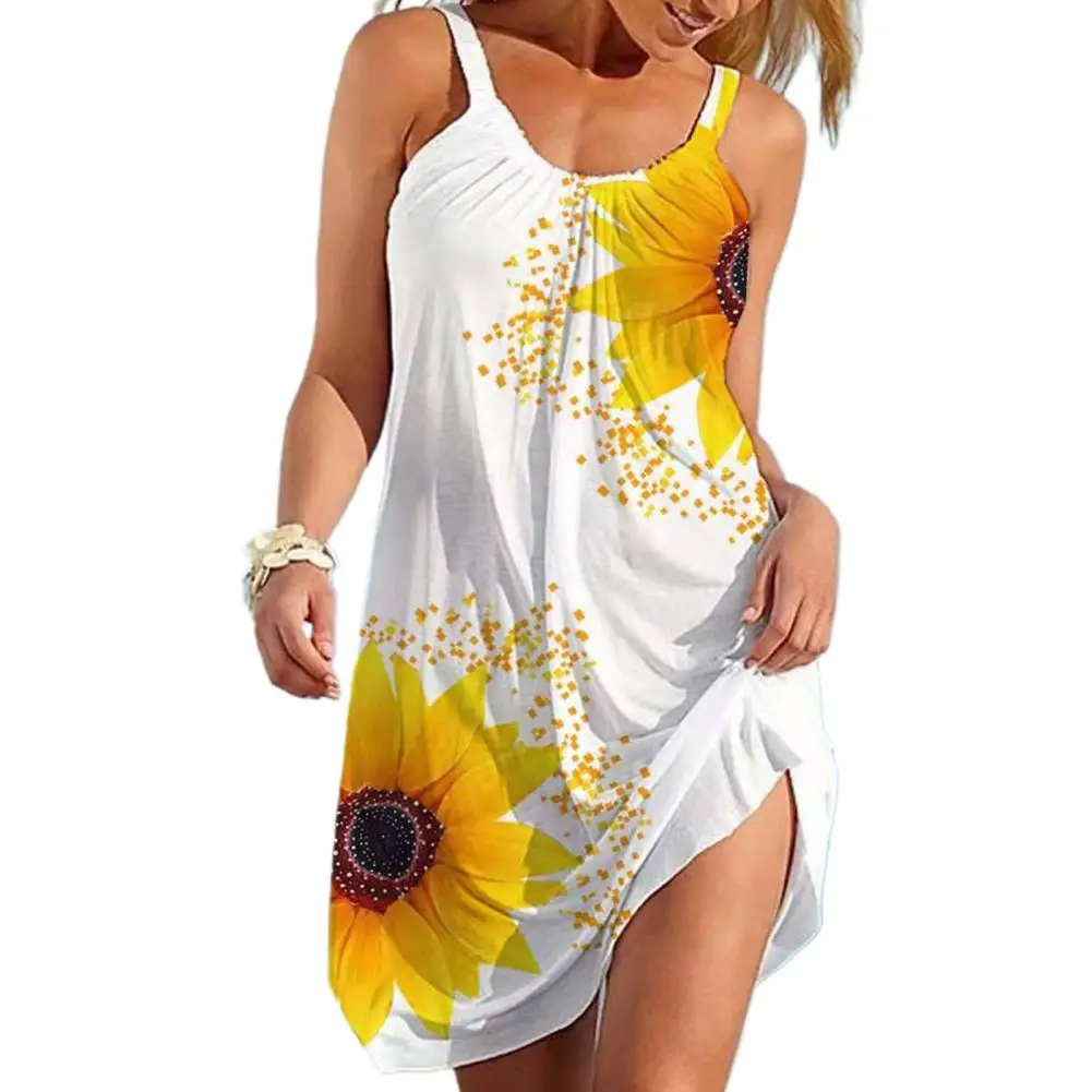 

New Women Summer Sunflower Printing Loose Sling Sleeveless U-neck Off Shoulder Mini Dress Beachwear for Beach Wear