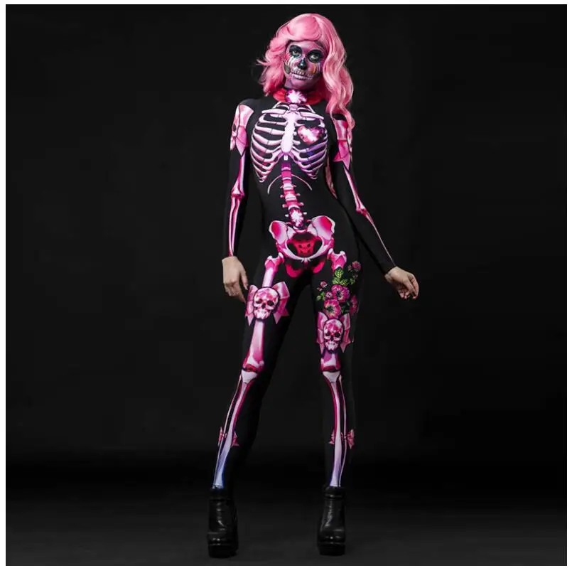 

Adult Woman Halloween Skeleton Cosplay Jumpsuit Pink Rose Sexy Skull Scary Costume 3D Print Bodysuit
