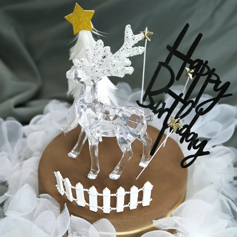 

Baked Cake Decorated With Crystal Elk Beautiful Ice Sculpture Birthday Cake Decoration Snowflake Plug-in For Desserts