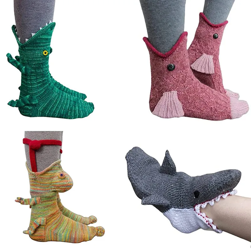 

2021 New Christmas Gift Shark Fish Chameleon Crocodile Knit Socks Funny Animal Shape Socks Winter Warm Floor Sock for Women Men