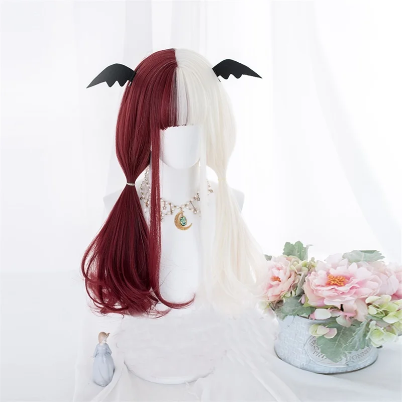 

CosplayMix Half Red Mixed White Bob Ombre 65CM/40CM Long Straight Wavy Bangs Cute Synthetic Halloween Cosplay Wig+Cap