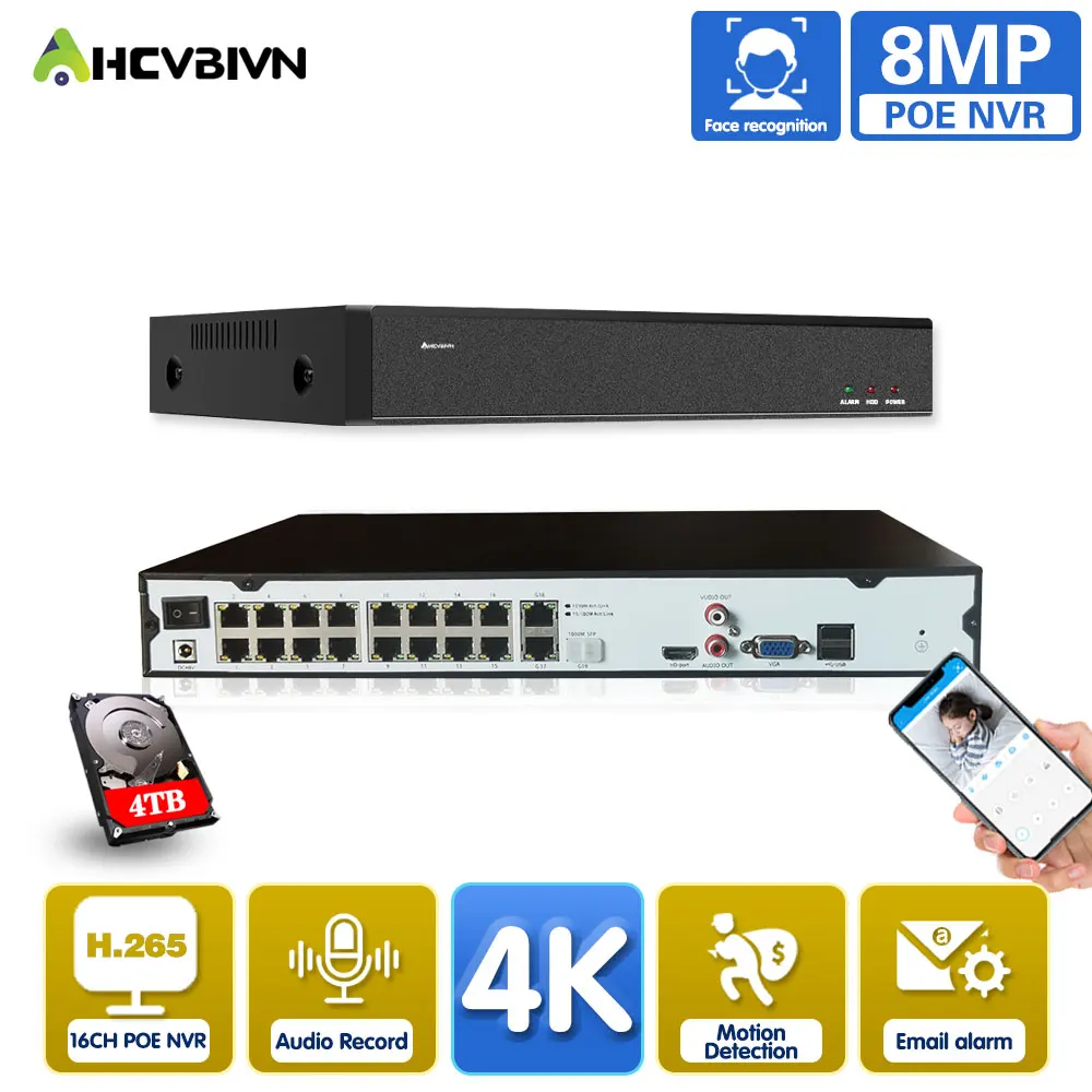 

HD 4K 8MP 16CH PoE NVR Security Network Video Recorder Motion Detection POE H.265 16 Channel Network Video Recorder Face Detect