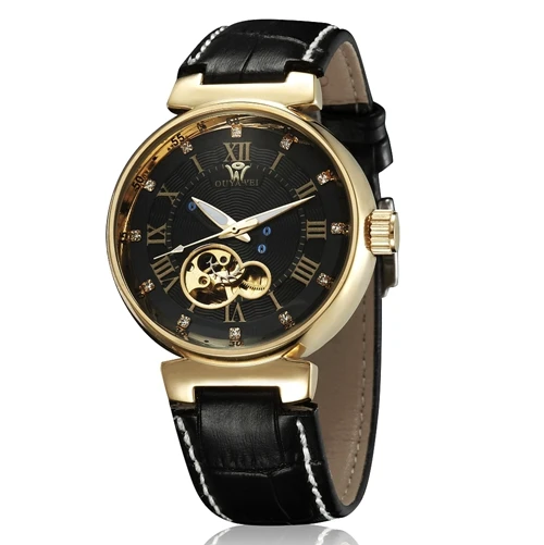 Модные мужские часы OUYAWEI с кожаным ремешком автоматические механические