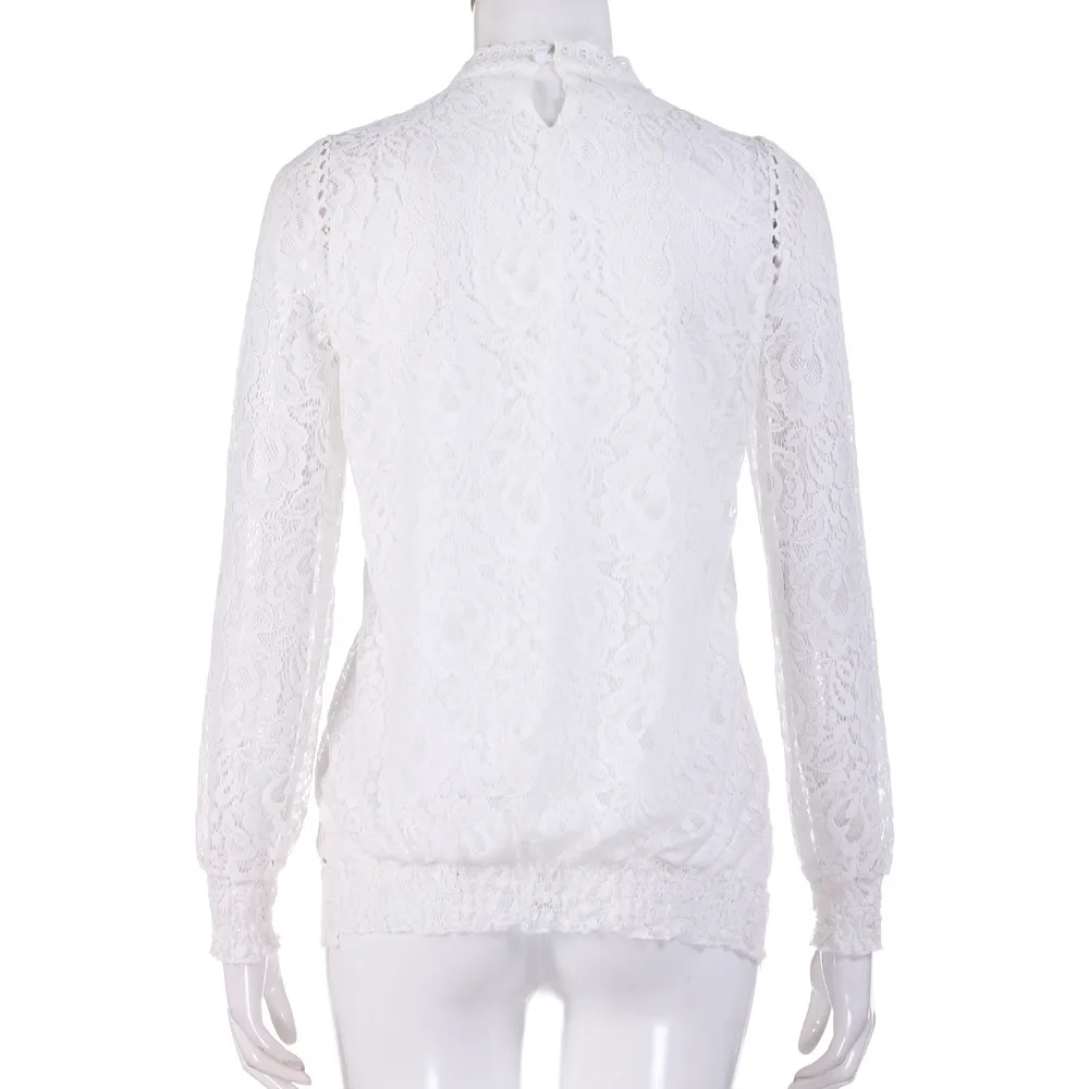 

Women Solid Long Sleeve O Neck Lace Casual Tops Blouse