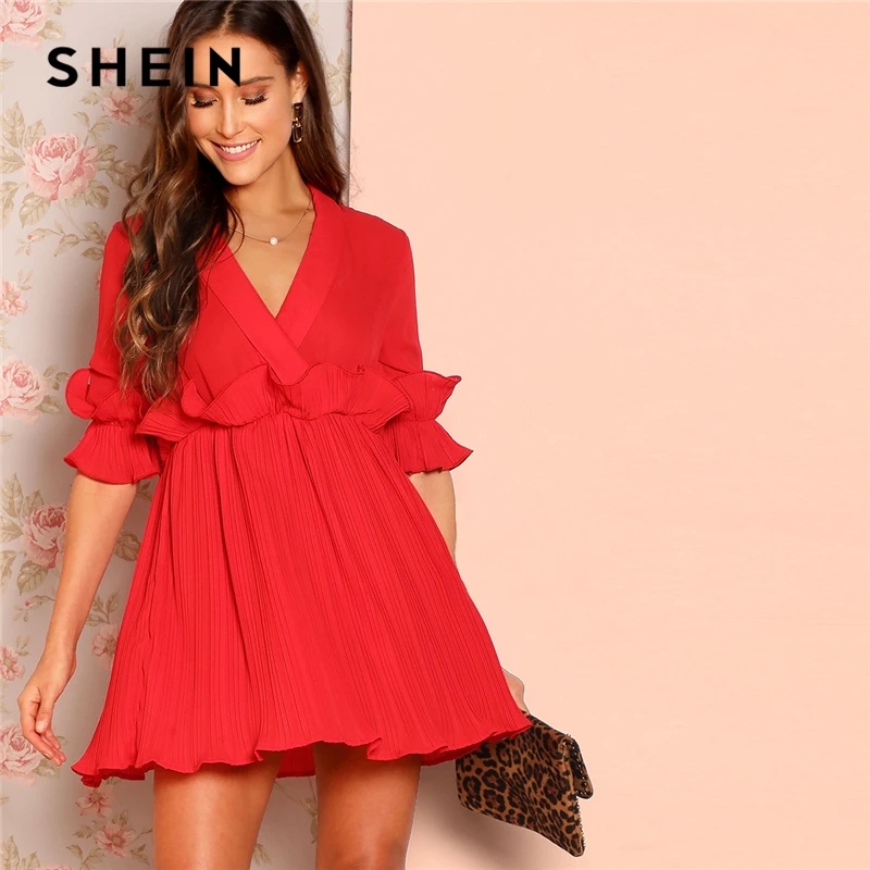 SHEIN Платье На Запах С Глубоким Вырезом И Оборками Сексуальное Платье С Рюшами С Средним Рукавом Женские Летние Платья С Высокой Талией