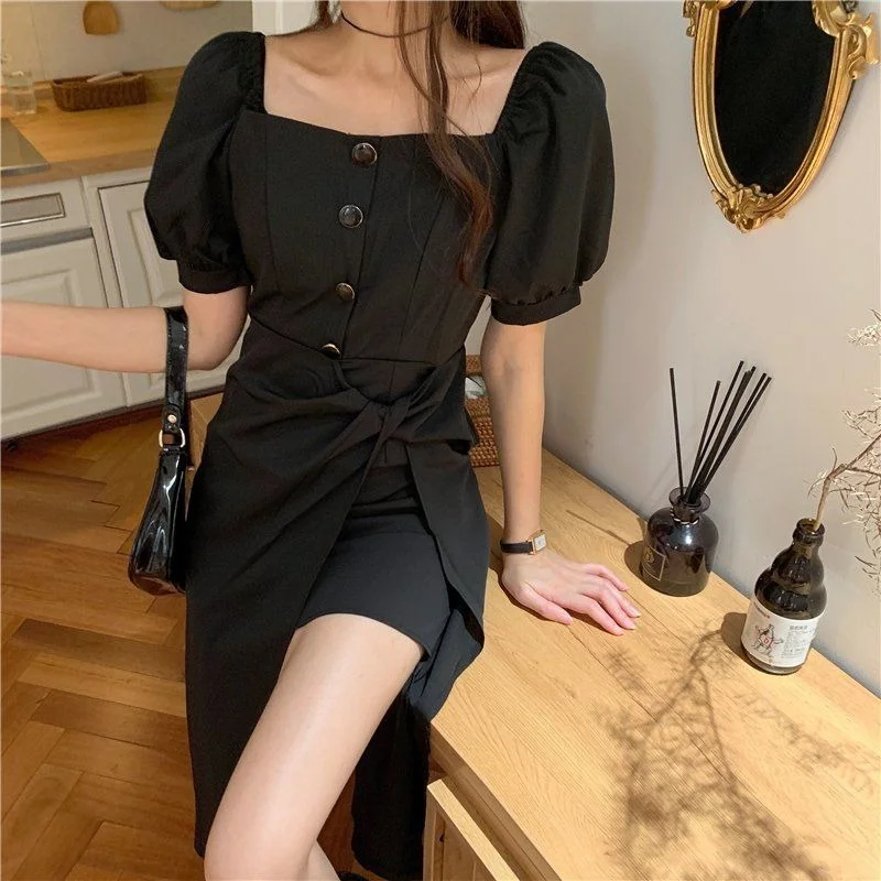 

2021 New French Vintage Split Puff Sleeve Square Collar Dress Women 2021 Retro Elegant Party Dresses Woman Casual Robe