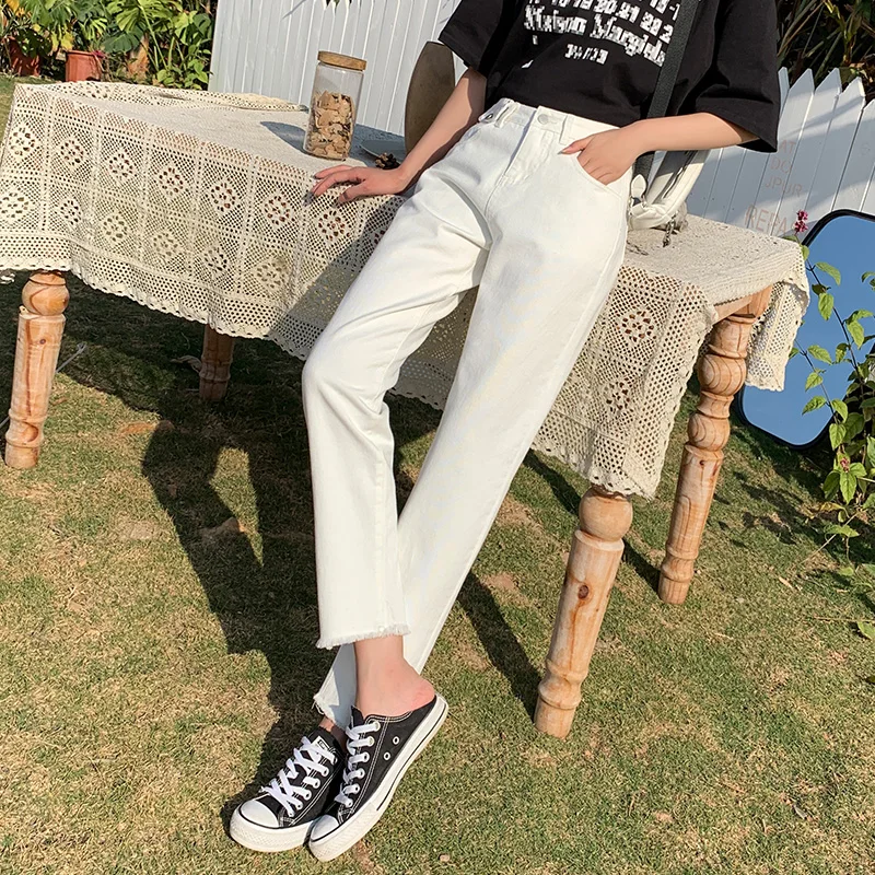 

TongSiHai Jeans Women High Waist Ripped Straight Ankle-length Denim Pants Girls Students Casual Beige Vaqueros Mujer