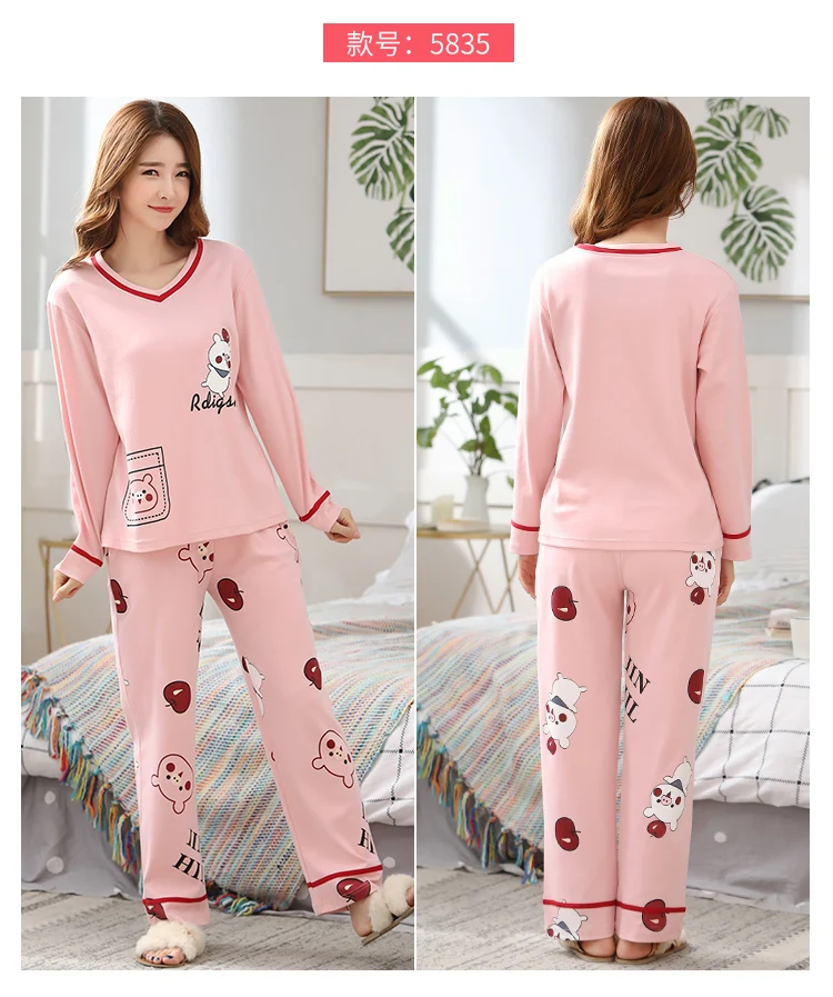 M L XL XXL 3XL 4XL 5XL Женская одежда для сна с длинным рукавом, хлопок, комплекты одежды для сна, осенние пижамы, женские пижамы