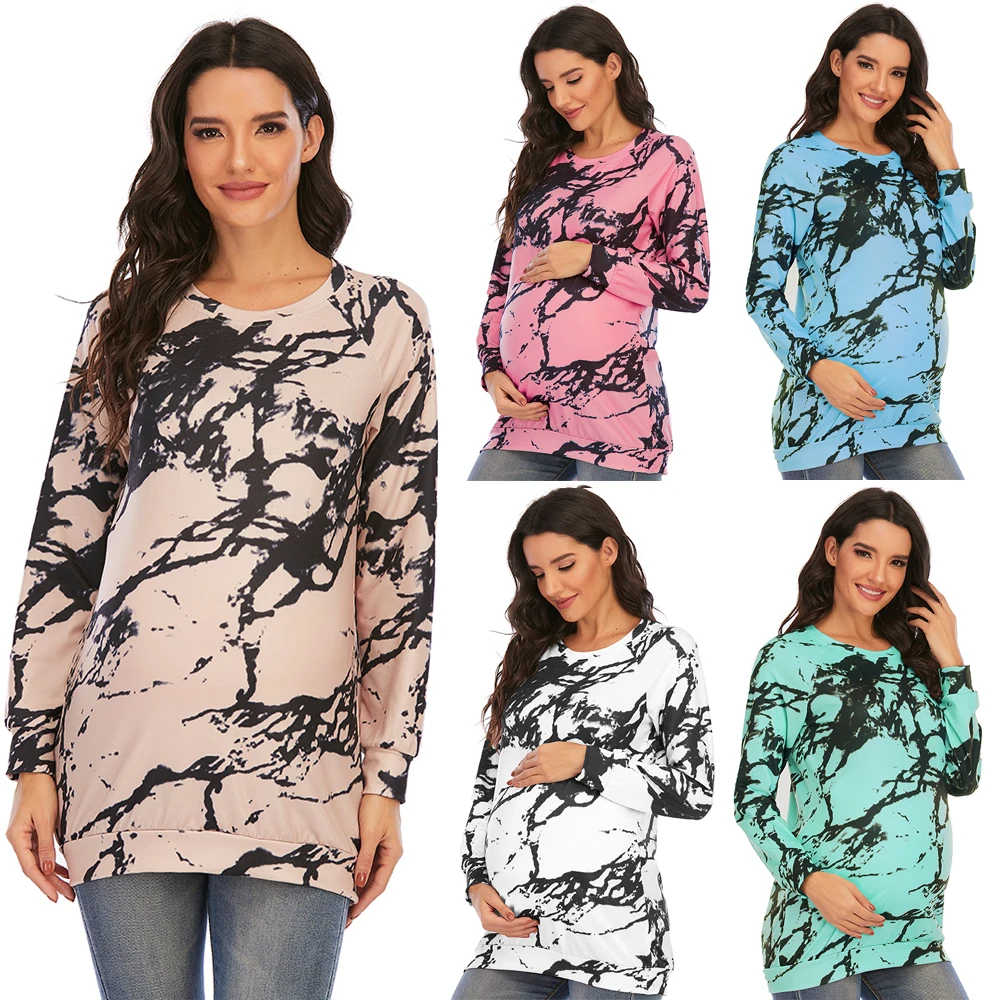 New Pregnant Maternity Blouse Maternity O-neck Long Sleeve T-shirt Print Tops Pregnant Simple Women Tees