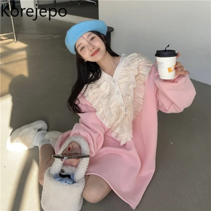 

Korejepo Sweet Dresses Korean Chic Fashion Women Spring and Antumn 2022 New Ear Edge Love Buckle Long Sleeve Age Reducing Dress