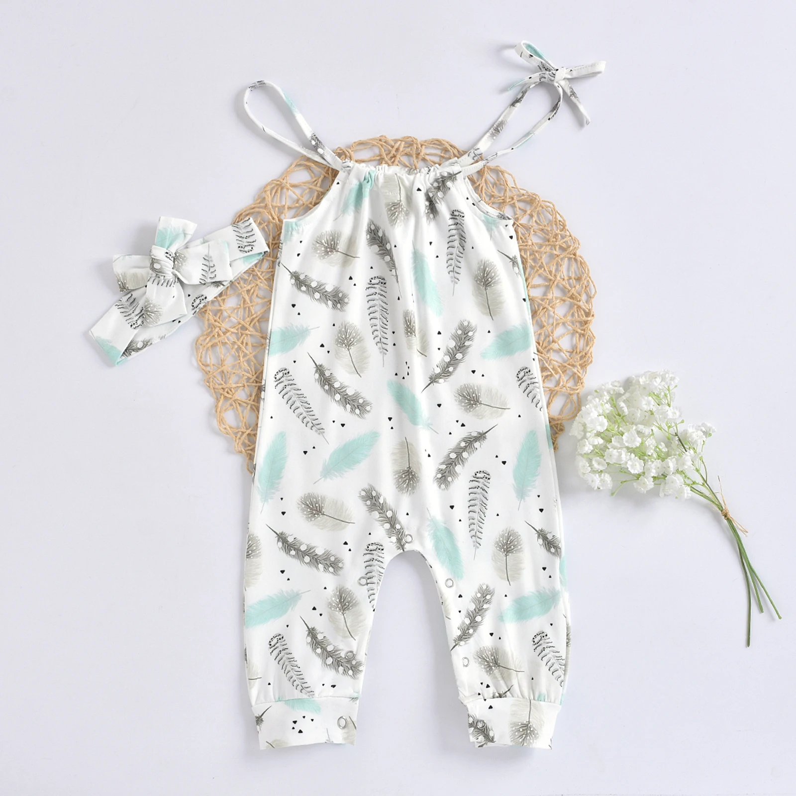 

2021-04-15 Lioraitiin 0-24M Infant Baby Girl Fashion Romper Sleeveless O-neck Printed 5Colors Jumpsuit Headband 2Pcs Set