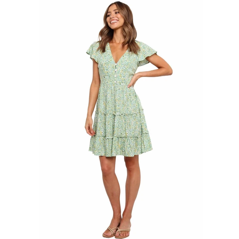 

WEPBEL Ruffled Stitching Dress Women's Casual Floral Print Short Sleeve Dress Summer V-neck High Waist Loose Pleated Dress