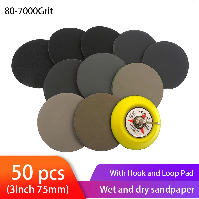 50pcs Wet Dry Sandpaper Assortment 80-7000 Grit Sander Disc 3inch75mm With Hook and Loop Sanding pad for Wood | Инструменты