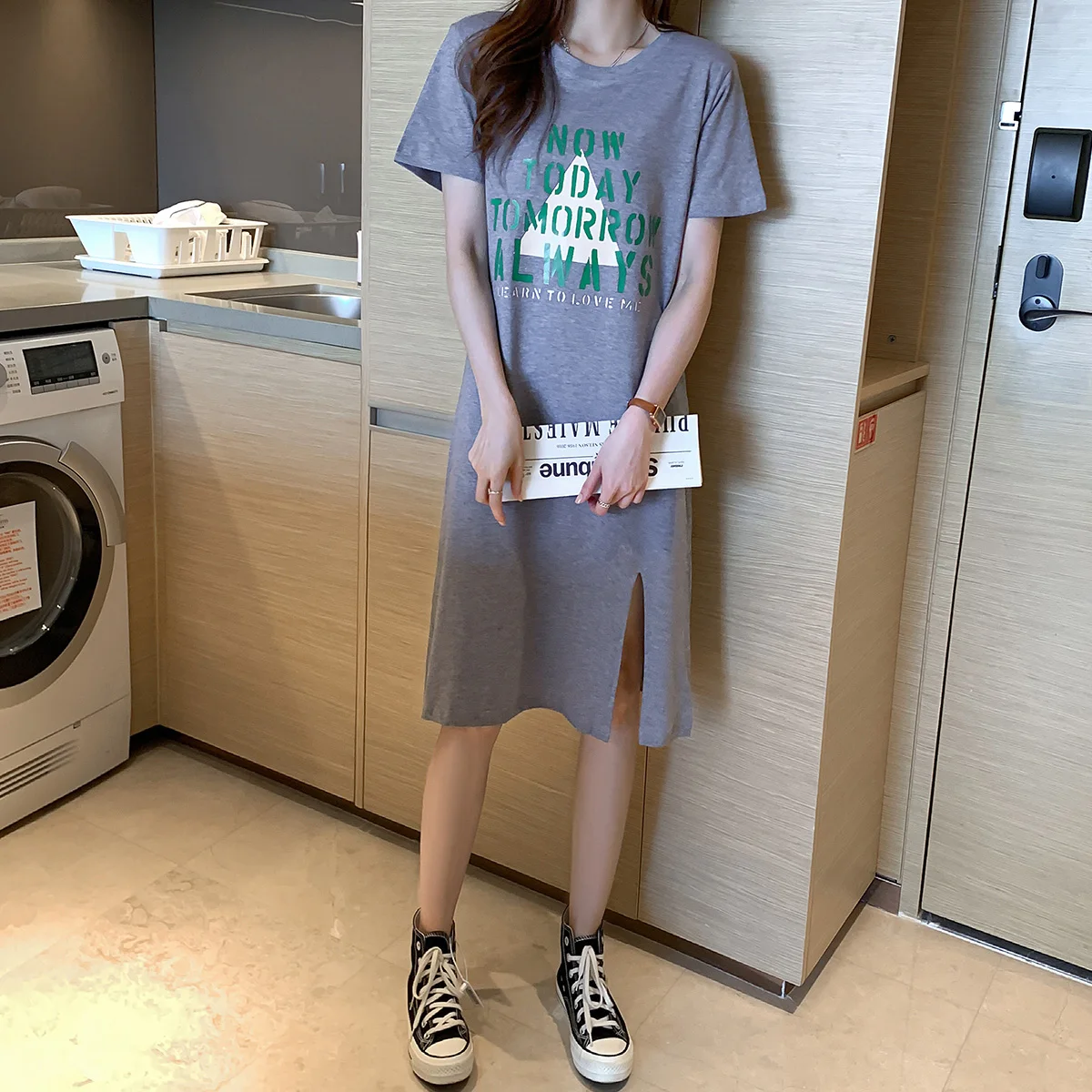 

M-2XL Big Size 100% Cotton Sundresses for Women 2021 Short Sleeve Print Letter Funny Ladies Dresses Casual Korean Fashion Dress