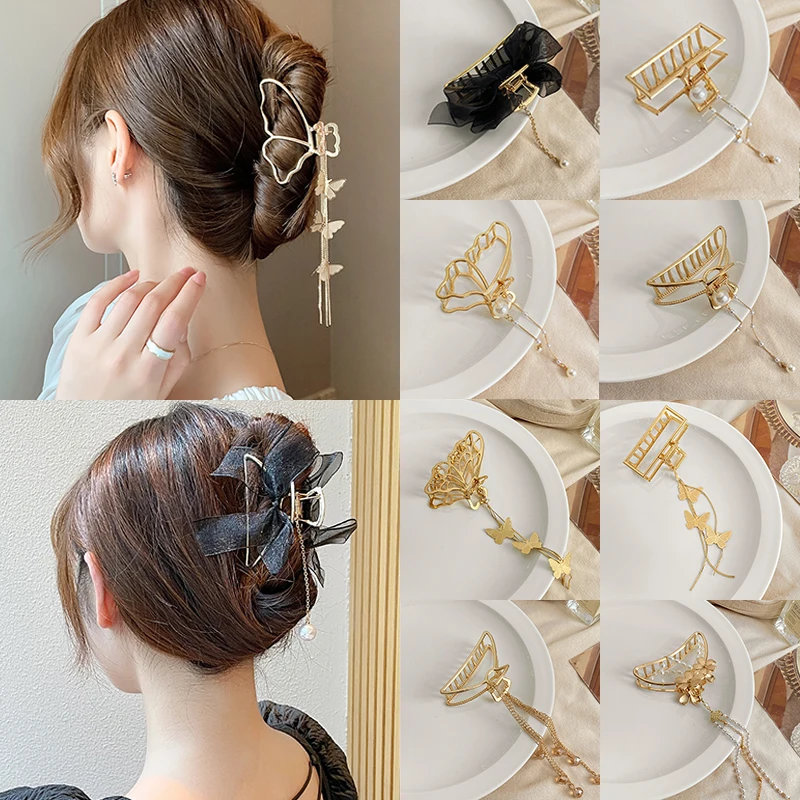 

17KM New Women Gold Geometric Butterfly Hair Claw Vintage Long Pendant Hair Clips Headband Hairpin Hair Crab Hair Accessories