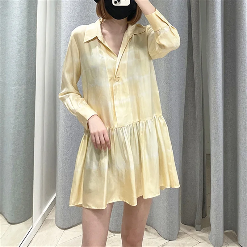 

Women's Tie-Dye Yellow Shirt Dress 2021 Early Autumn V-Neck Ruffles Long Sleeve Single Button Ladies Pleated Mini Robe