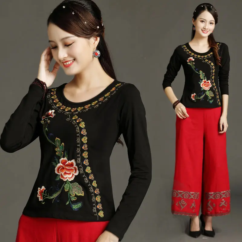 Женская Винтажная футболка с вышивкой черная Базовая из 100% хлопка длинным