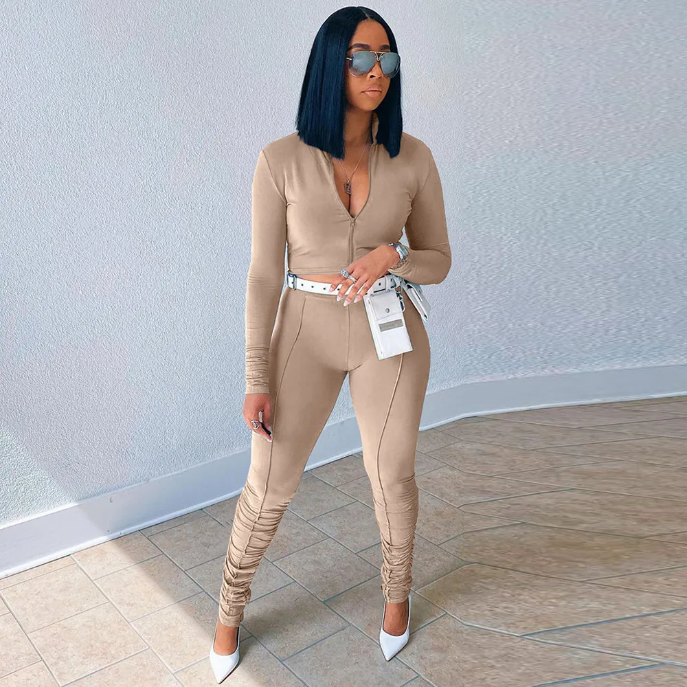 

Women Sporty Two Piece Pantsuit Casual Tracksuit Zipper Up Long Sleeve Crop Top and Bright Line Decoretion Stacked Leggings