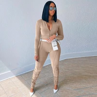 women sporty two piece pantsuit casual tracksuit zipper up long sleeve crop top and bright line decoretion stacked leggings