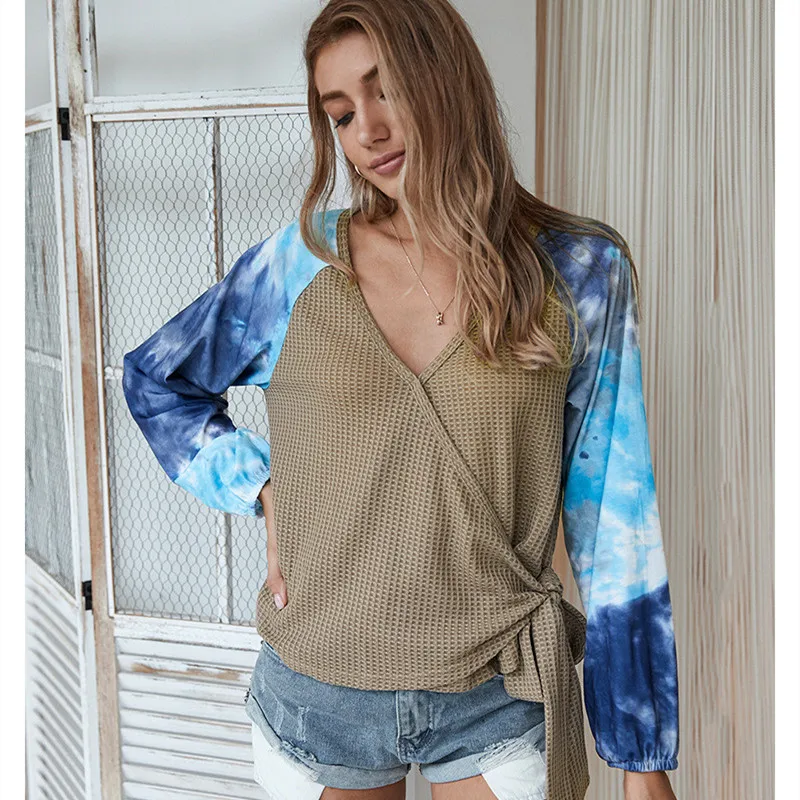 

New Fashion Patchwork T-shirts Women 2020 V-neck Long Sleeves Print Bow Clothes Loose Tops