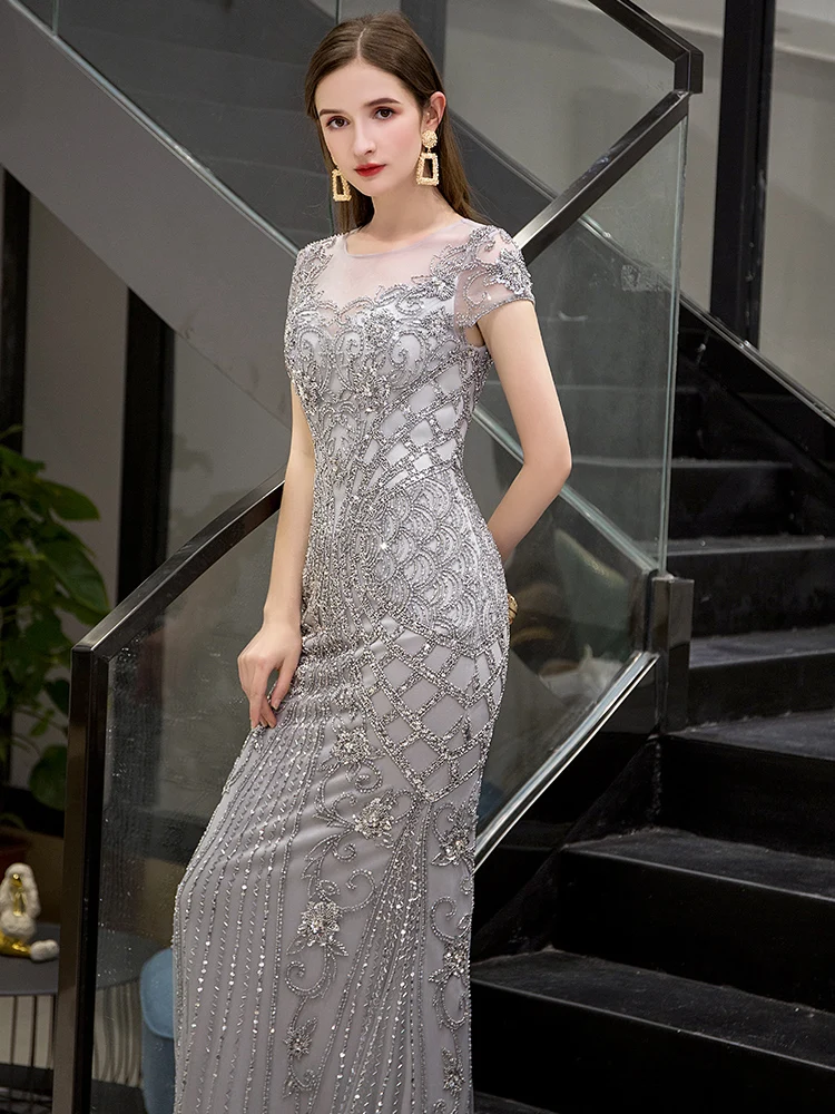 

High-end Gray Evening Dress Heavy Crystal Sequins Beaded Long Mermaid Evening Gown 2020 New Design Fashion Bridal Party Dresses