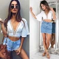 fashion sexy women summer see through v neck lace crop top blouse short sleeve top blouse